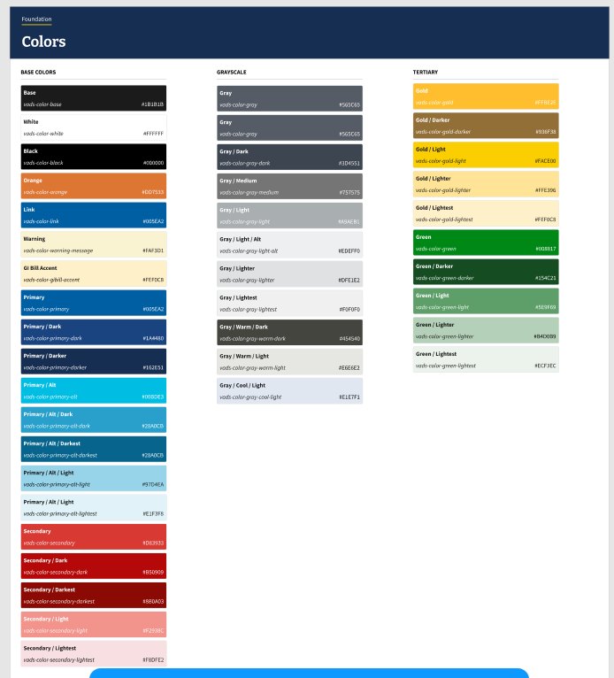 The VA Design System's Colors foundation page: swatches in base, grayscale, and tertiary groups, each labeled with its design-token name (vads-color-) and hex value